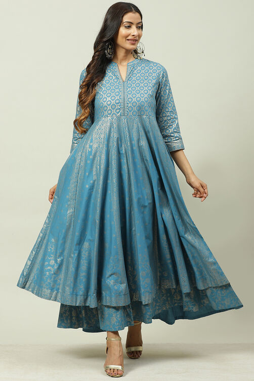 Ochre Cotton Flared Fusion Printed Dress image number 0