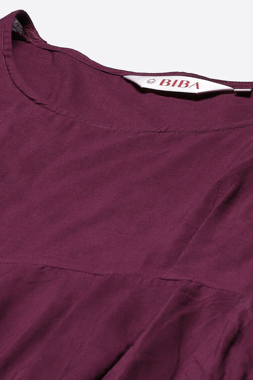 Wine Cotton Silk Flared Kurta Churidar Suit Set image number 2