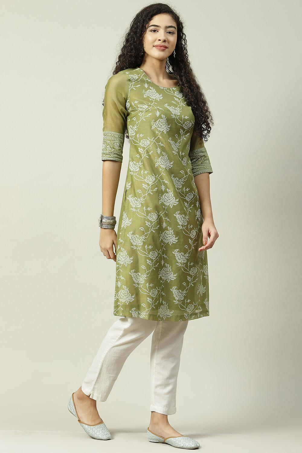 Green Art Silk Straight Printed Kurta image number 3
