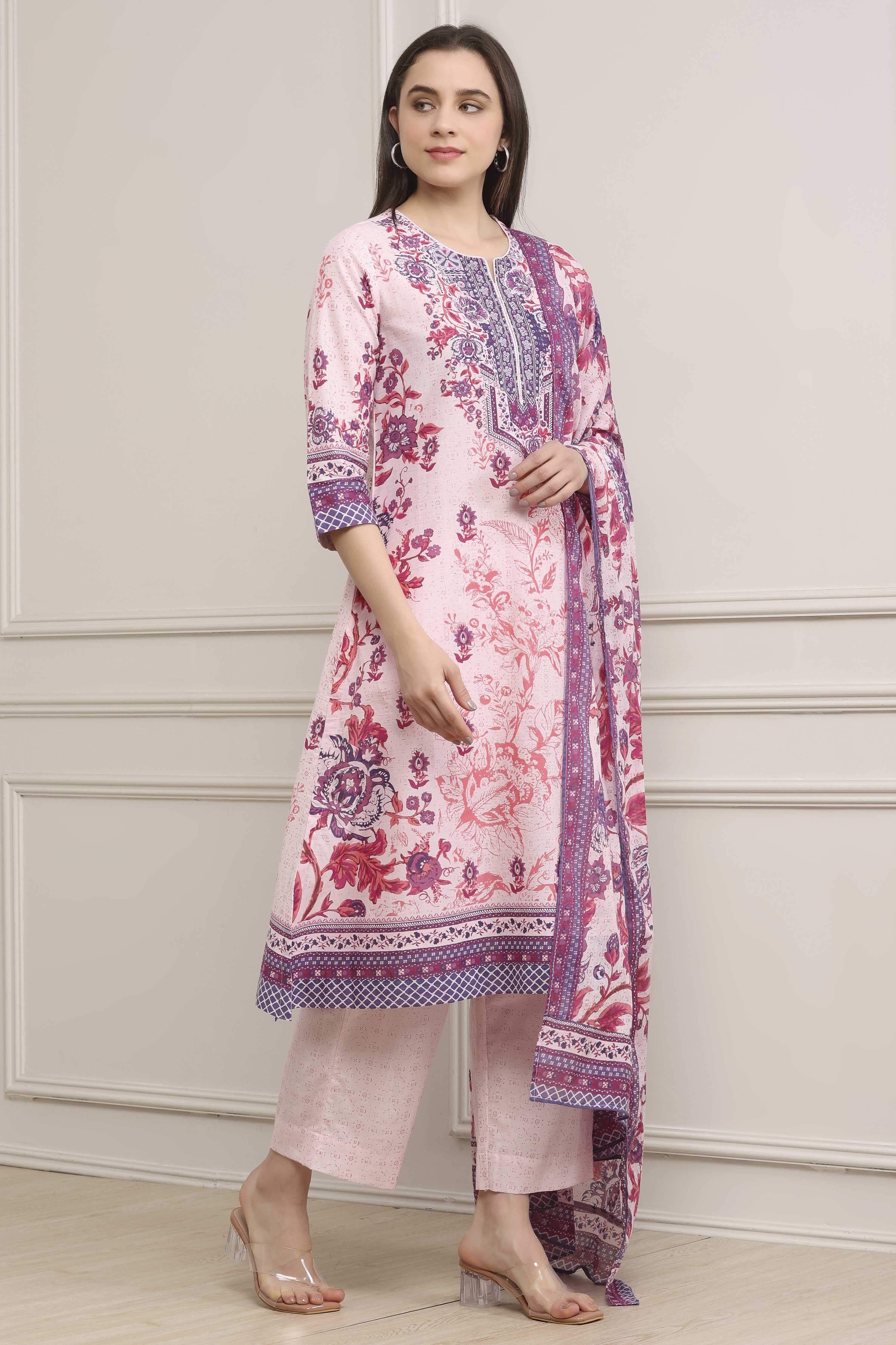 Off-White Cotton Floral Printed Straight Suit Set image number 7