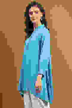 Turquoise Solid Asymmetric Short Kurta image number 2