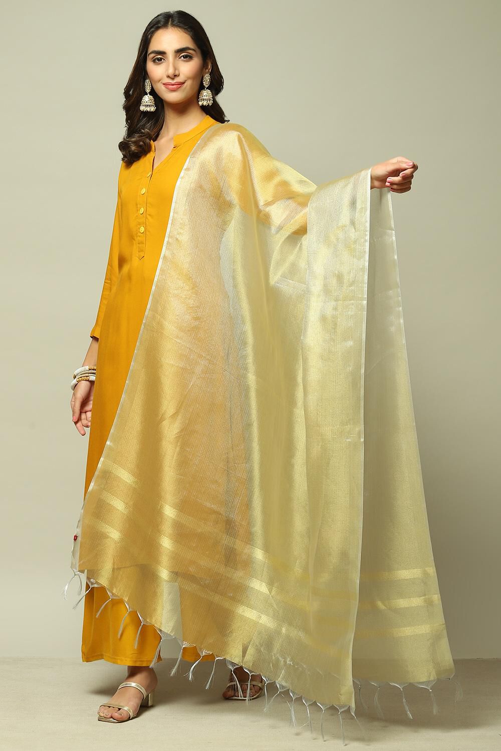 Gold Cotton Blend Yarndyed Dupatta image number 0
