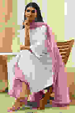 Pink and White Cotton Straight Suit Set image number 0