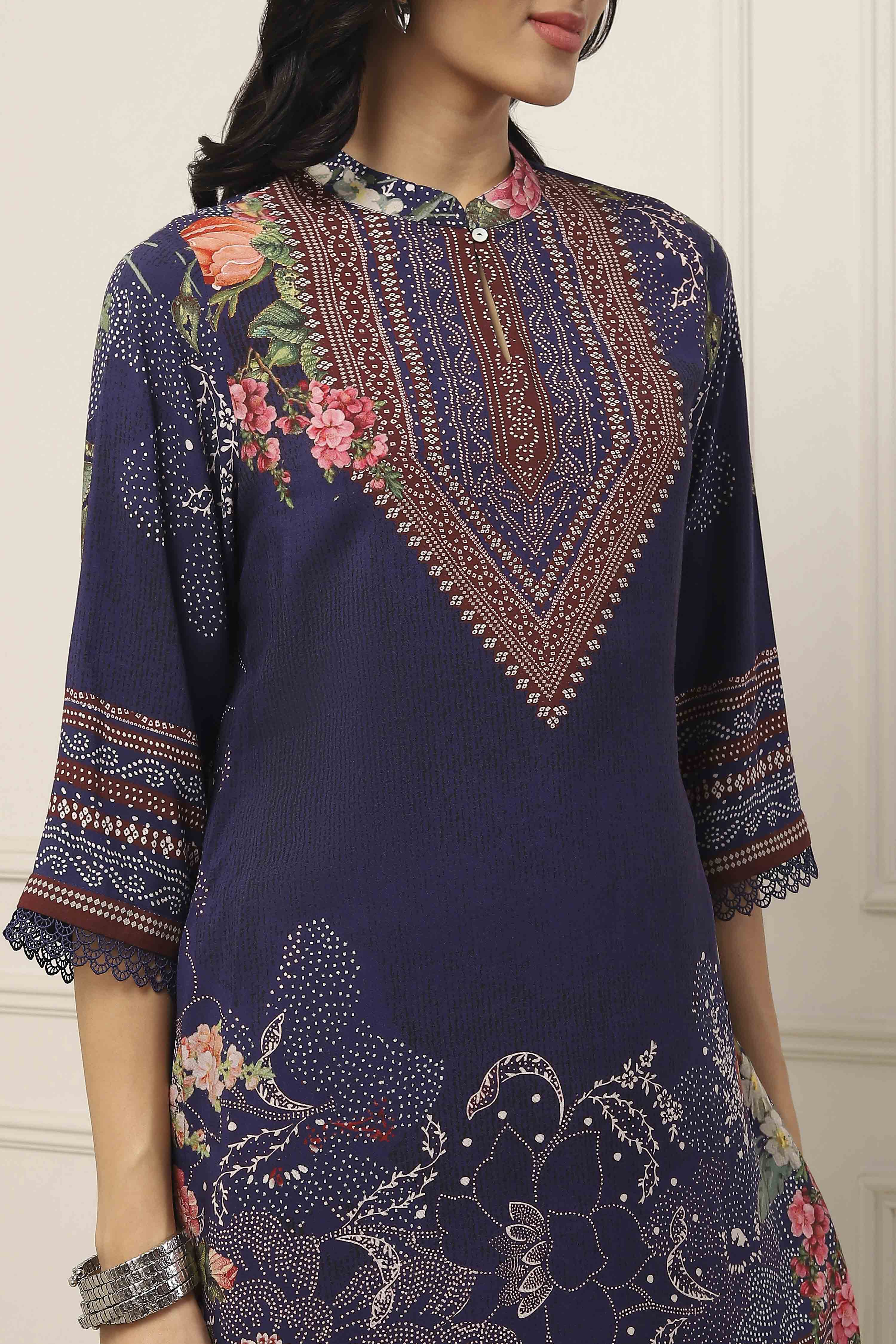 Blue Viscose Rayon Ethnic Motif Printed Straight Kurta image number 1