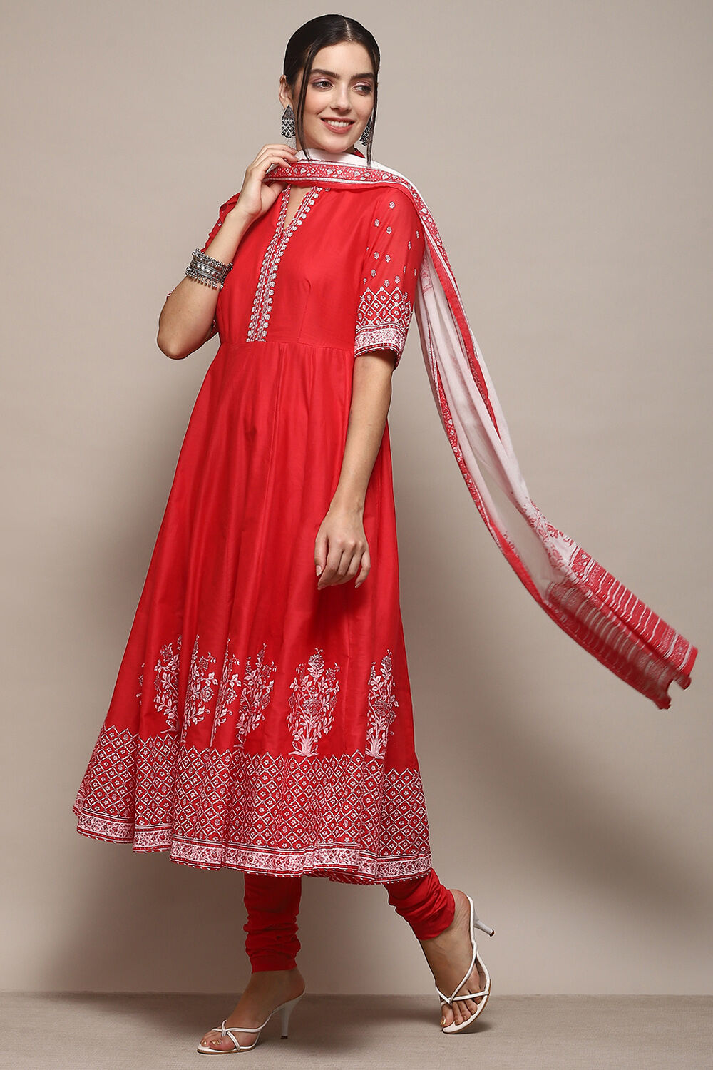 Red Cotton Anarkali Printed Kurta Churidar Suit Set image number 4