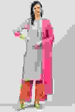 Off White Printed Cotton Straight Suit Set image number 0