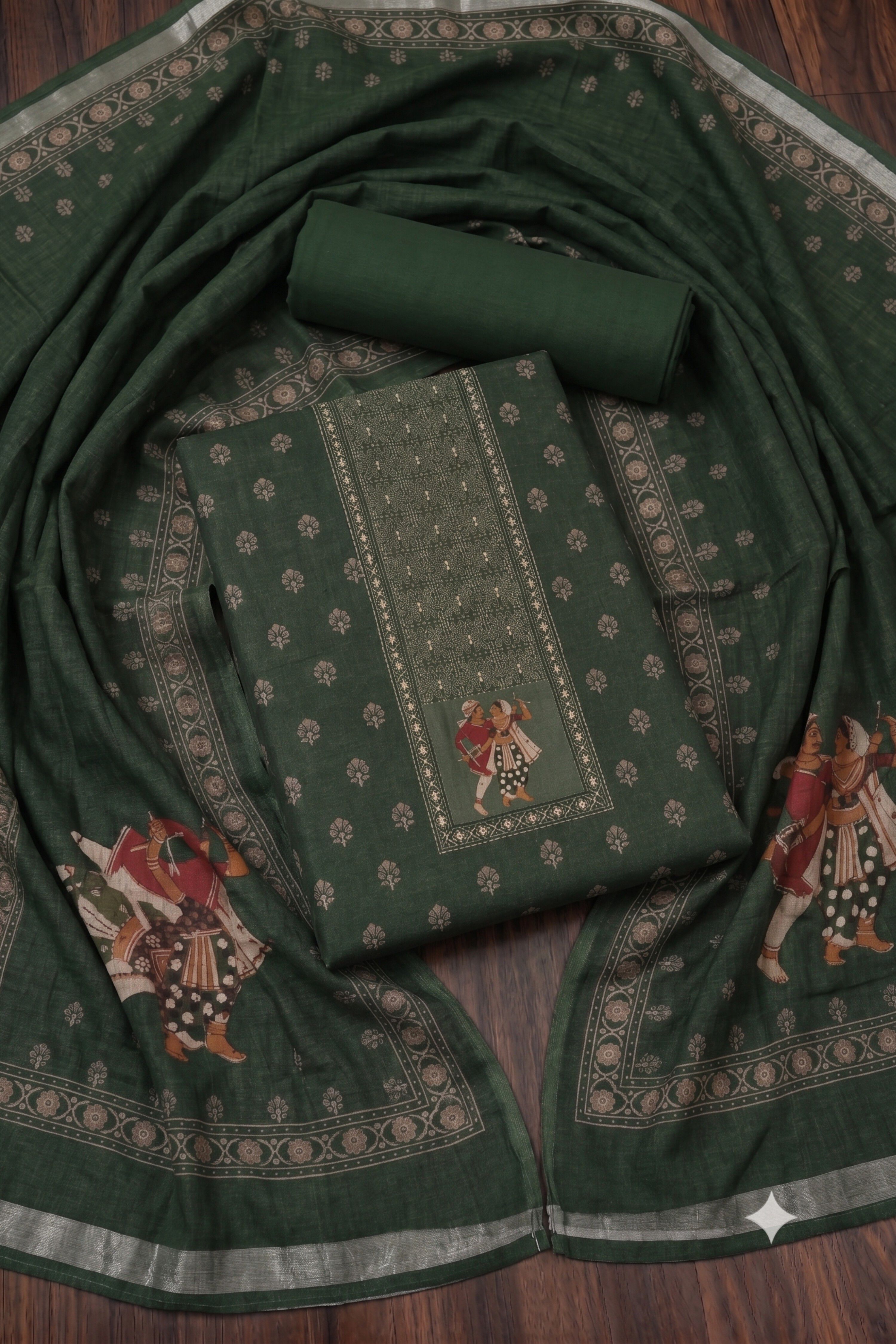 Green Linen Hand Work With Rajasthani Print Unstitched Suit Set image number 0