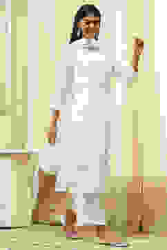 Off White Cotton Straight Embroidered Fusion Set image number 4