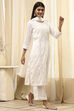 Off White Cotton Straight Embroidered Fusion Set image number 4