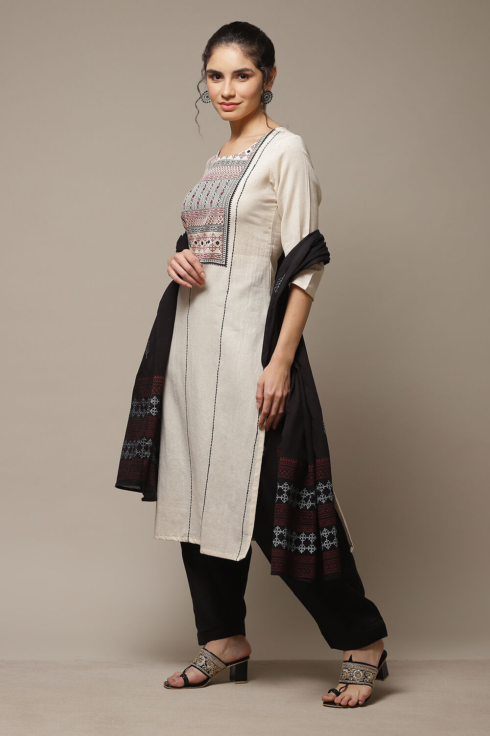 Black Flex Machine Embroidered Unstitched Suit Set image number 3