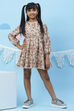 Ecru Flared Art Silk Printed Dress image number 4