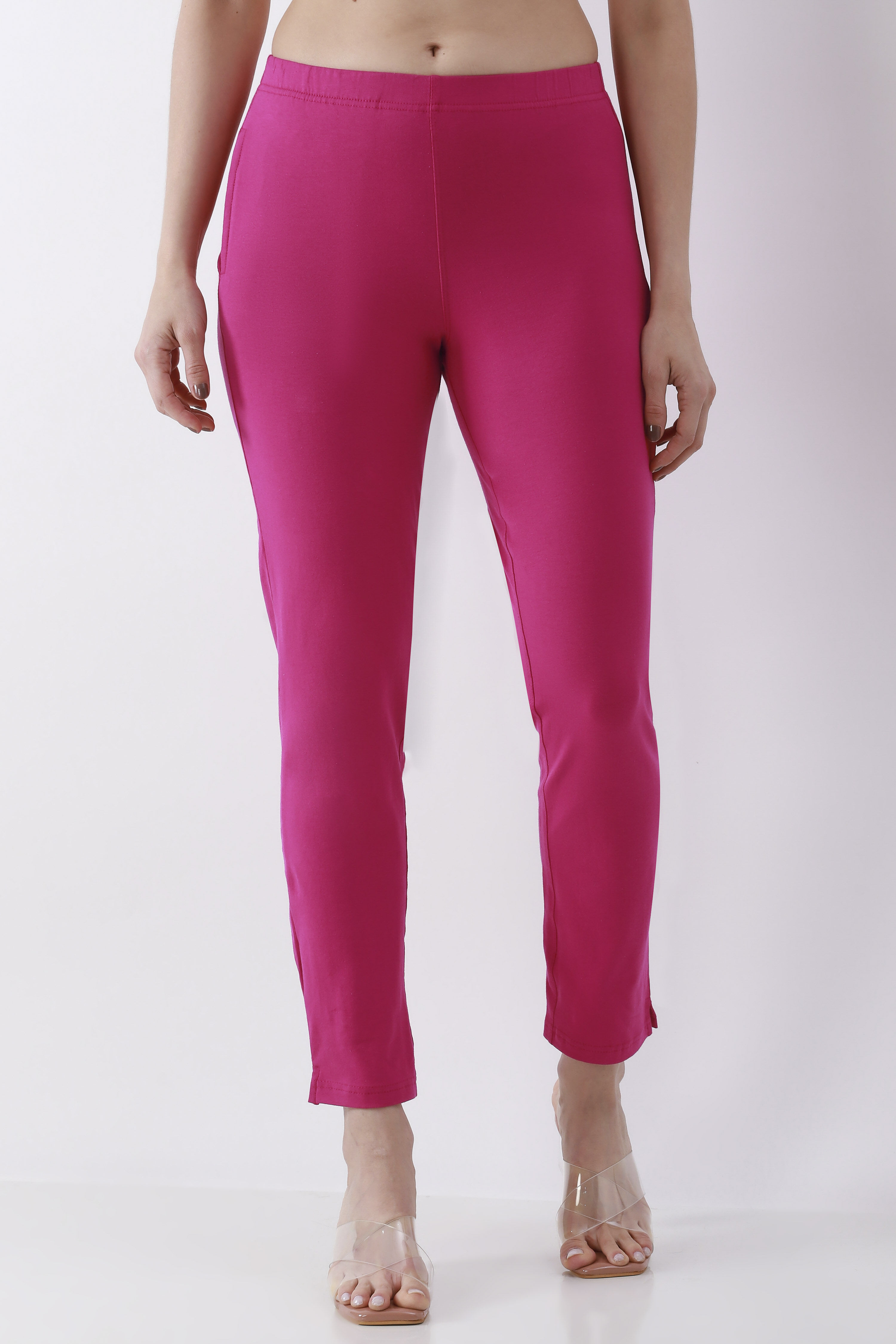 Magenta Solid Cotton Lycra Straight Pants image number 4
