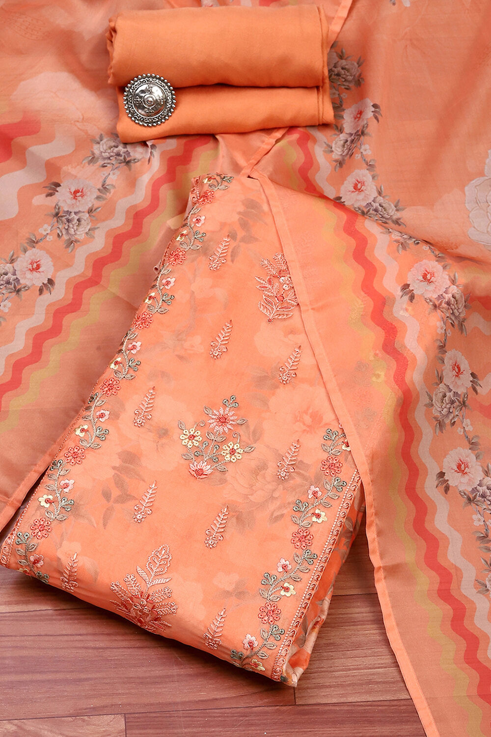 Orange Muslin Unstitched Suit Set image number 0
