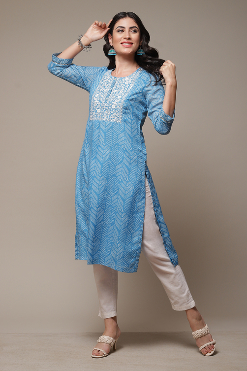 Blue Cotton Blend Straight Printed Kurta image number 0