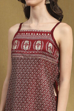 Maroon Silk Floral Hand-Block Printed Festive Straight Kurta image number 1