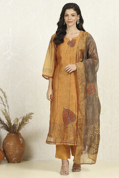 Mustard Chanderi Unstitched Suit Set image number 7