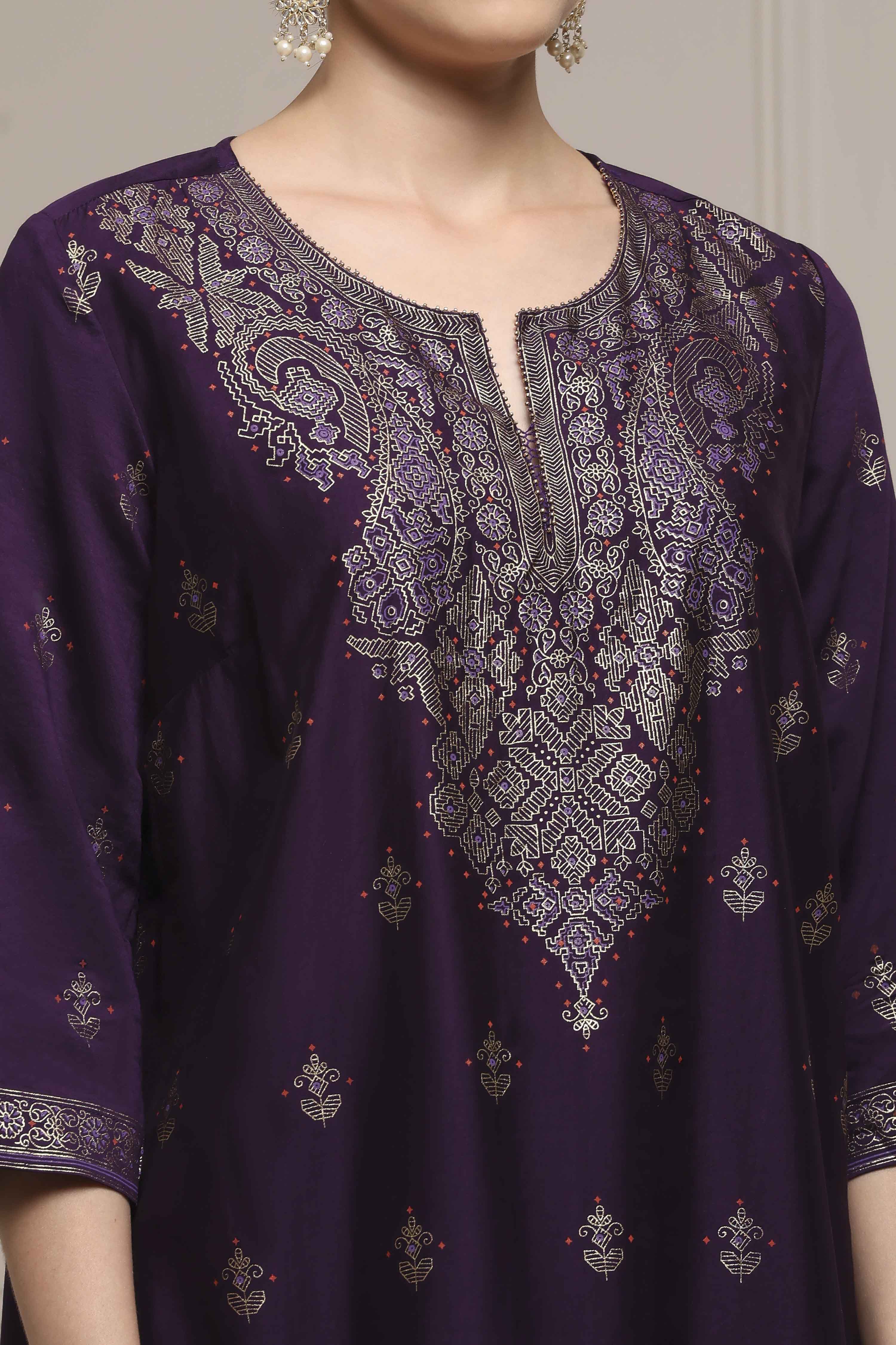 Purple Viscose Blend Straight Printed Suit Set image number 1