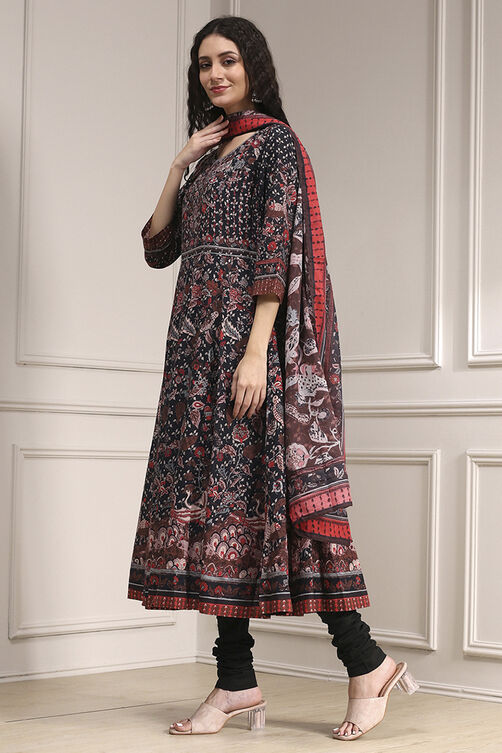 Black Cotton Fitted Anarkali Suit Set image number 3