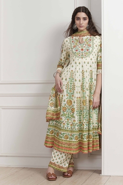 Cream-Toned Cotton Printed Kalidar Suit Set