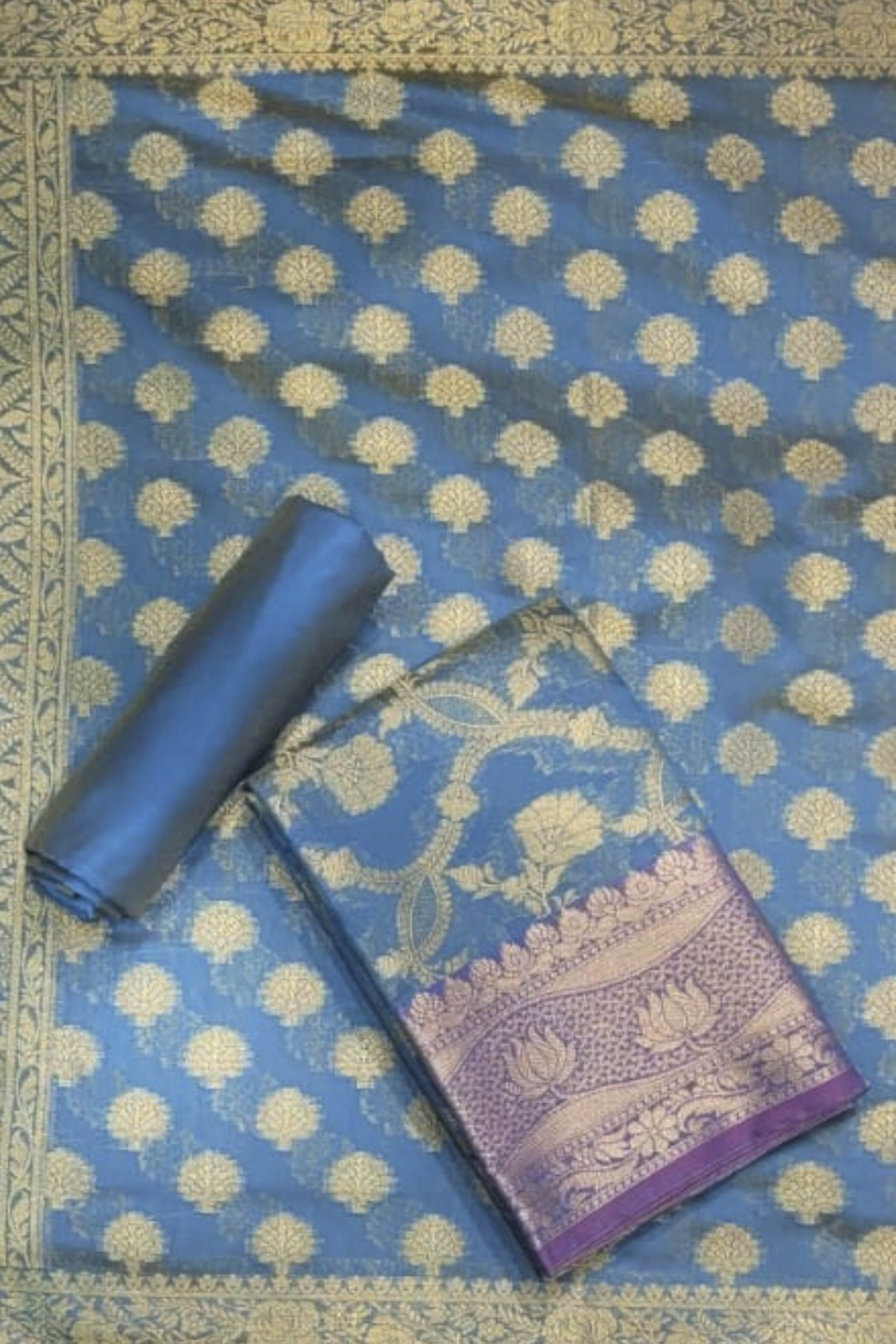 Blue Chanderi Printed Unstitched Suit Set image number 1