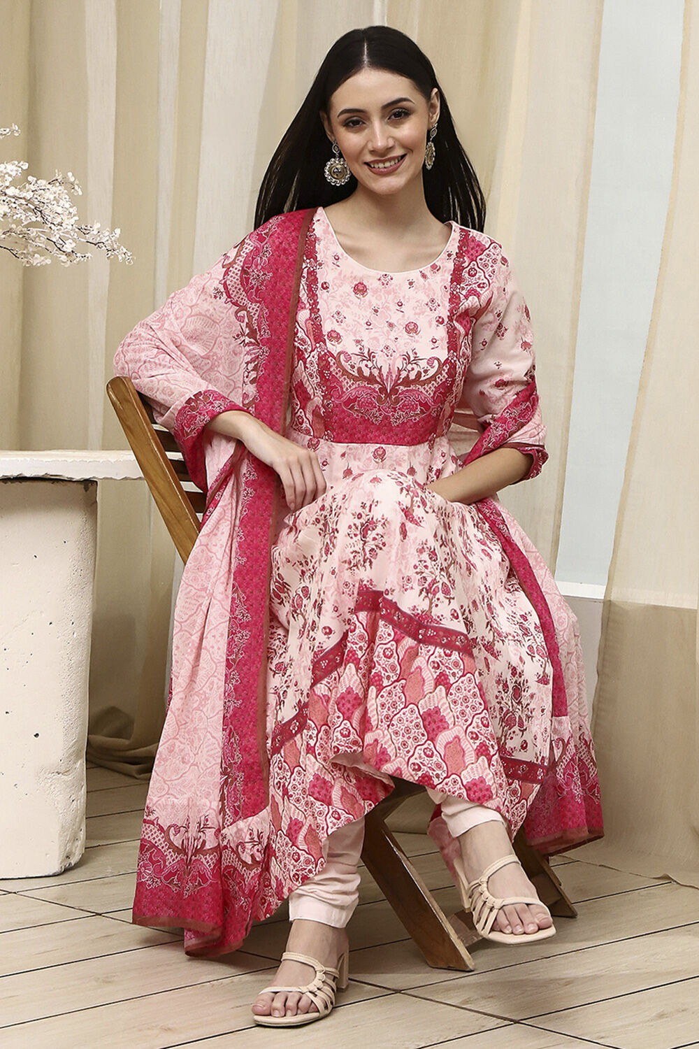 Light Pink Cotton Printed Anarkali Suit Set image number 0