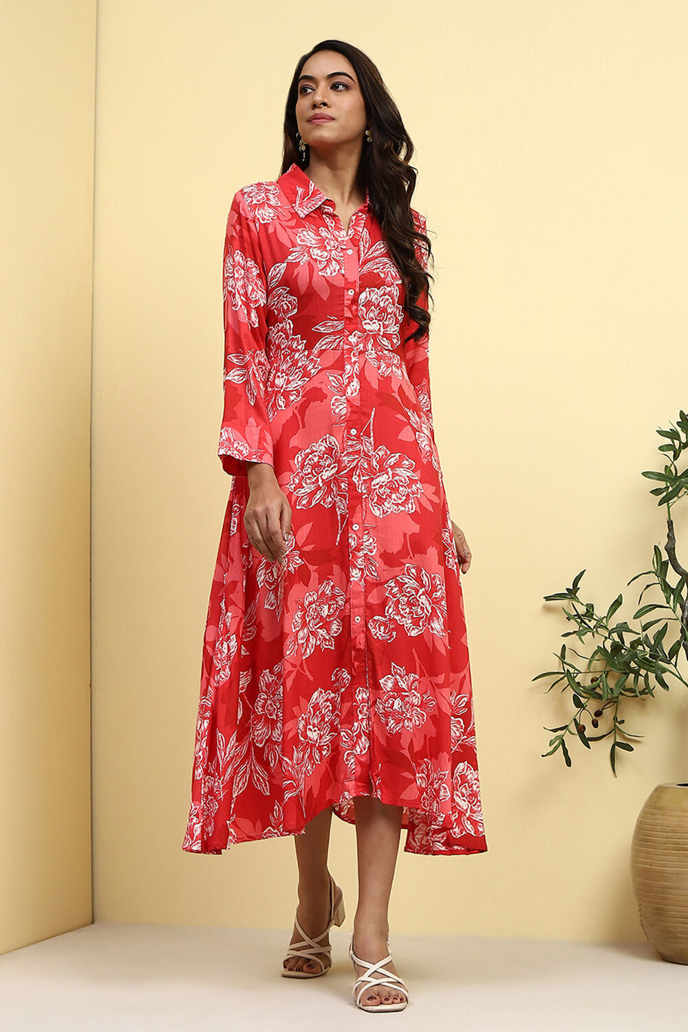 Red Floral Printed Shirt Style A-line Dress image number 5