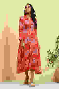 Red Floral Printed Shirt Style A-line Dress image number 5