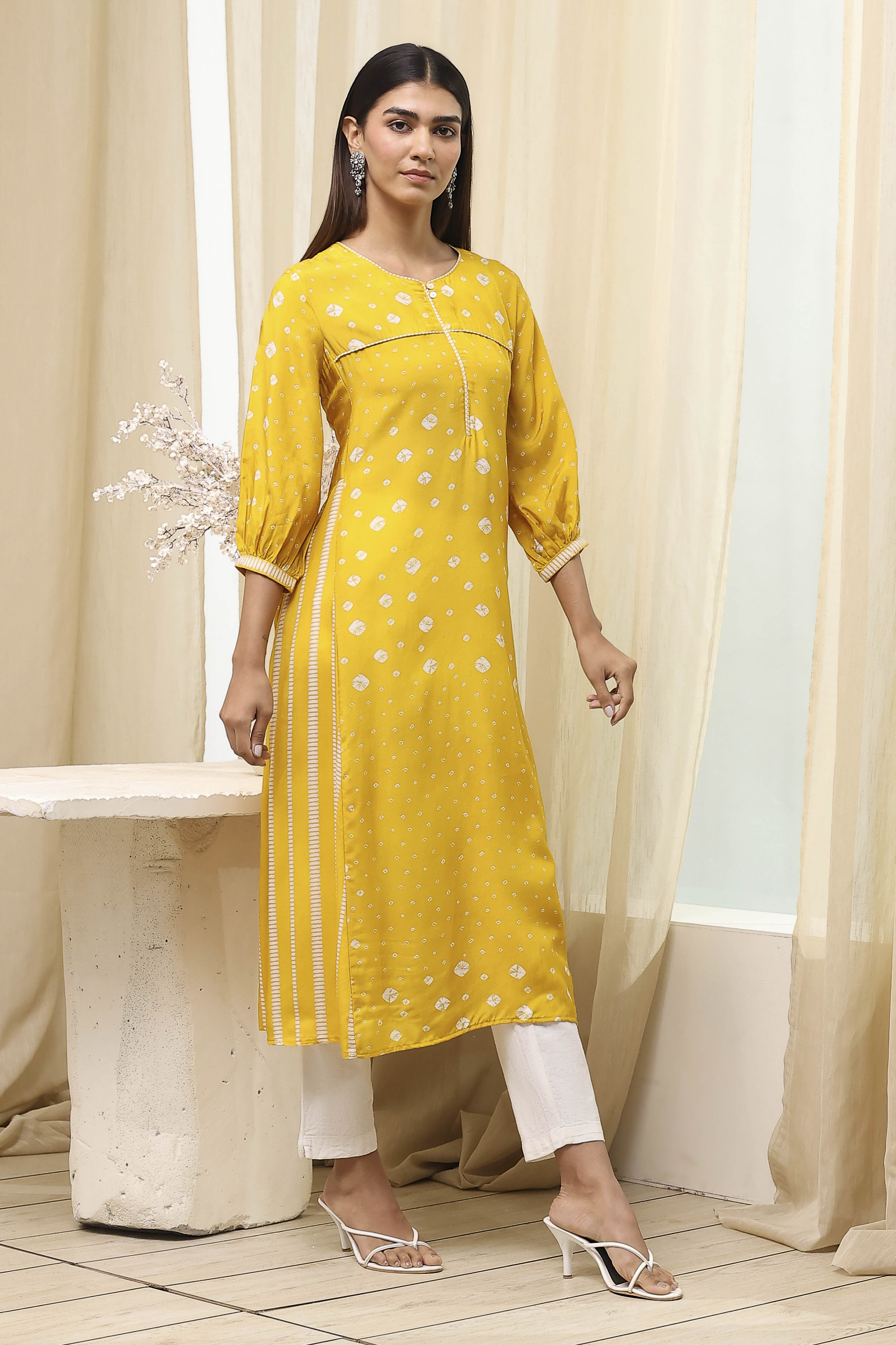 Mustard Yellow Modal Printed A-Line Kurta image number 4