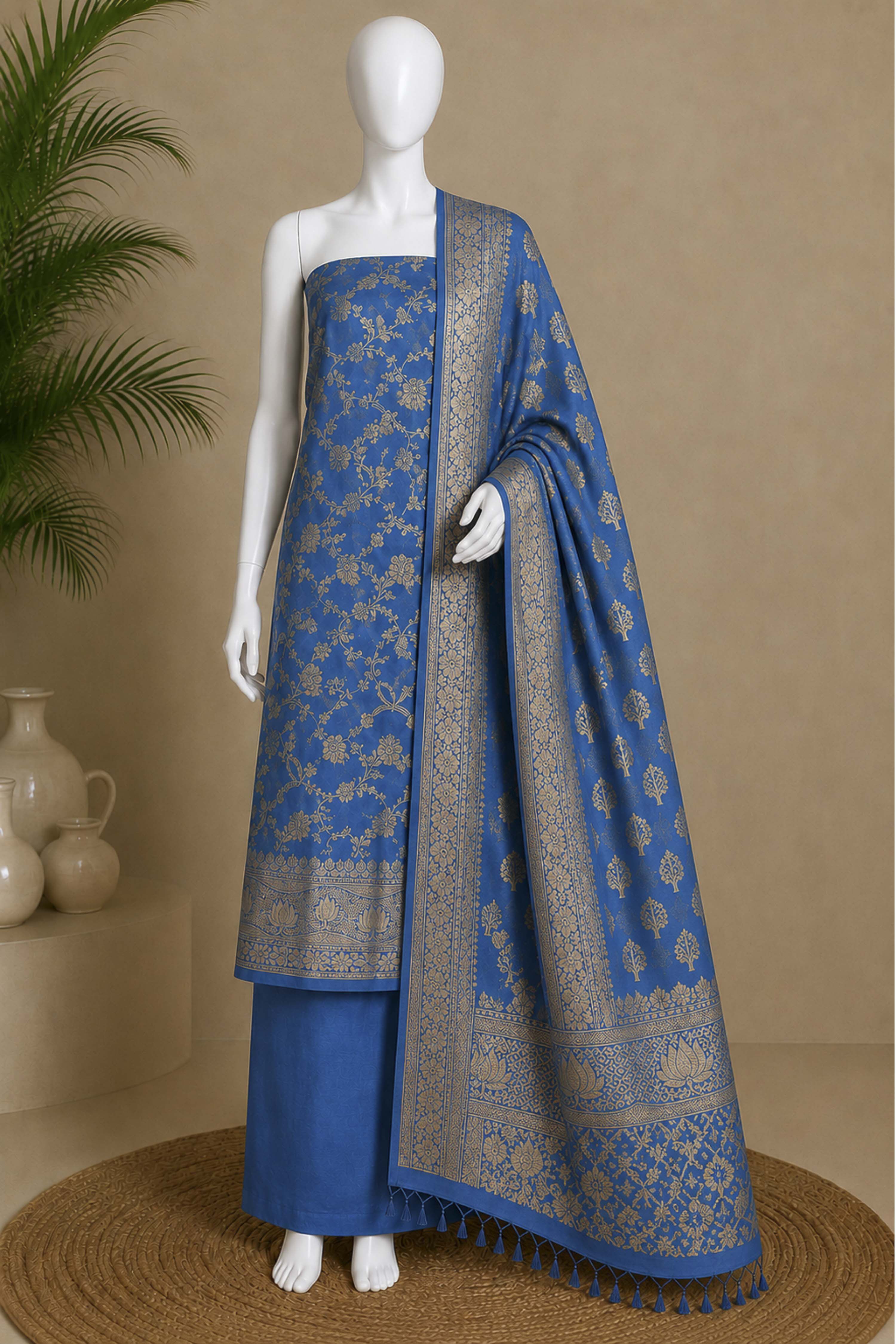 Blue Chanderi Printed Unstitched Suit Set image number 5