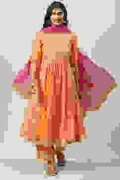 Orange Pink Cotton Silk Flared Kurta Palazzo Suit Set image number 0