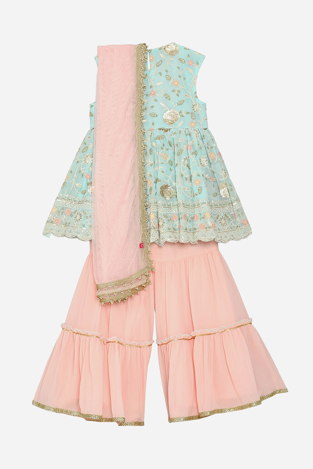 Aqua Blue and Pink Embroidered Peplum Suit Set image number 4