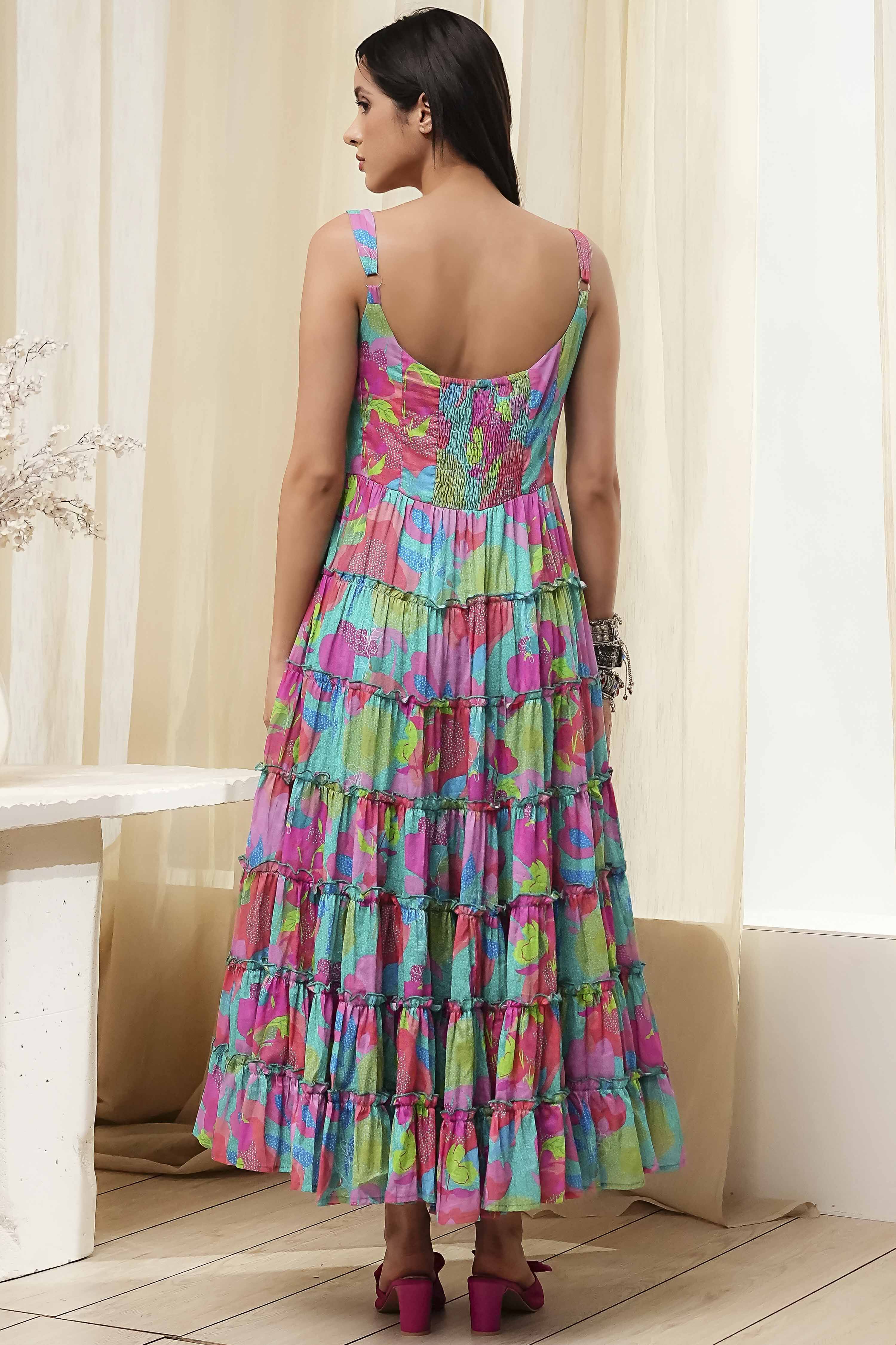 Turquoise Cotton Floral Printed Tiered Dress image number 3