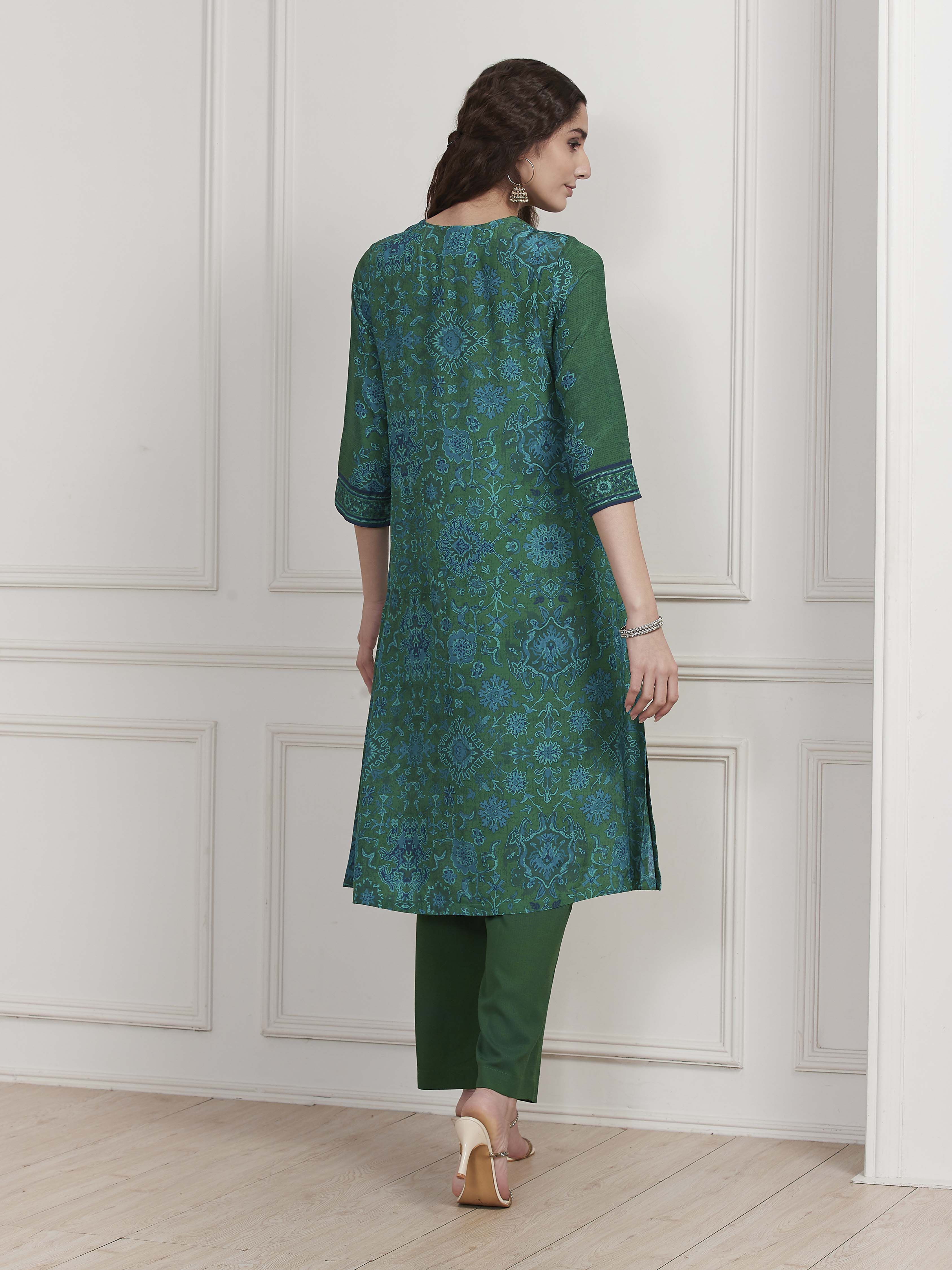 Green Modal Printed Straight Suit Set image number 4