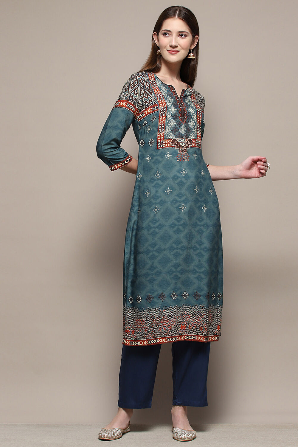 Teal Rayon Straight Printed Kurta image number 0