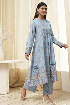 Dull Blue Cotton Flared Printed Kurta Set image number 5