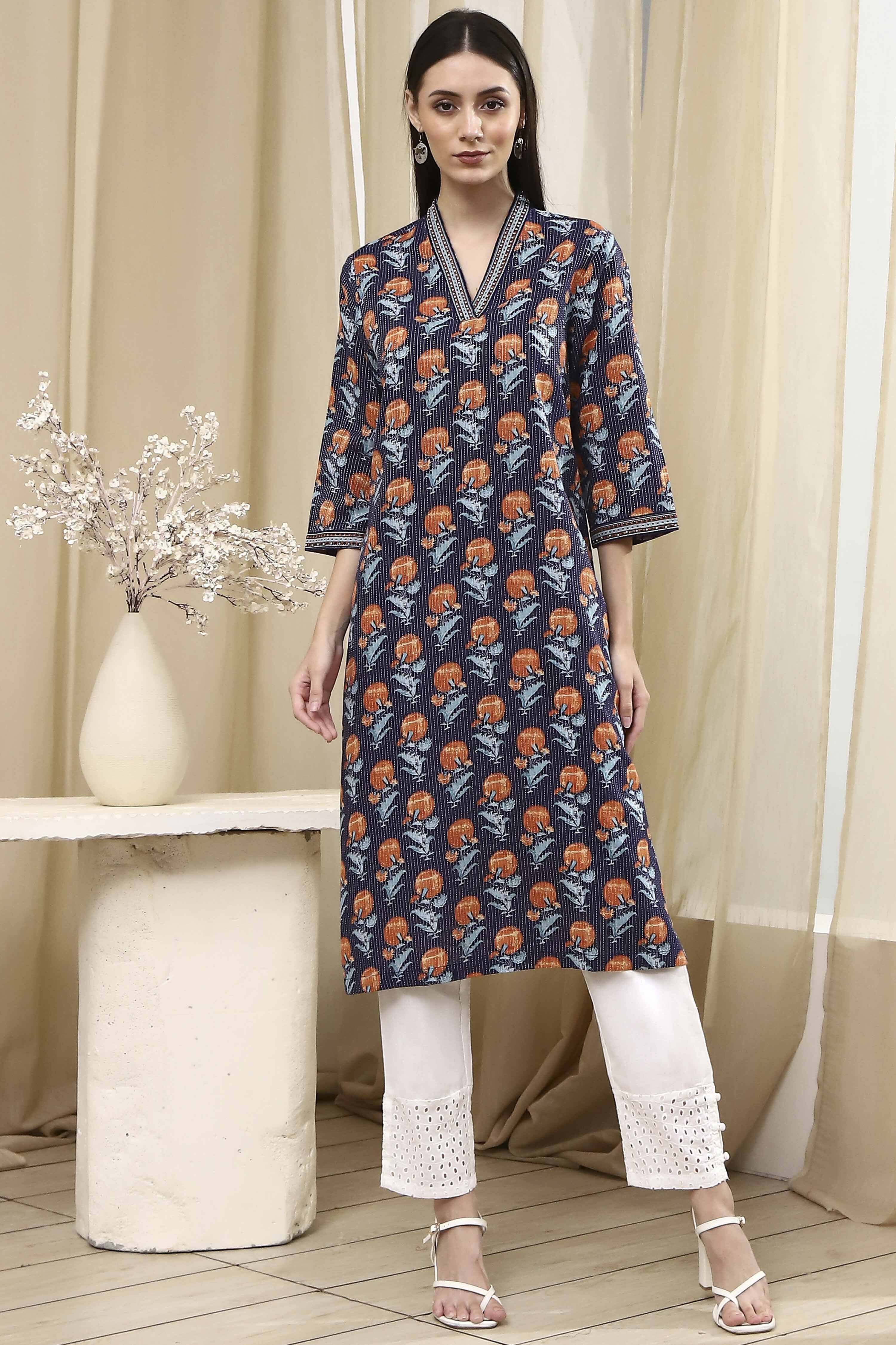 Blue Cotton Printed Straight Kurta image number 5
