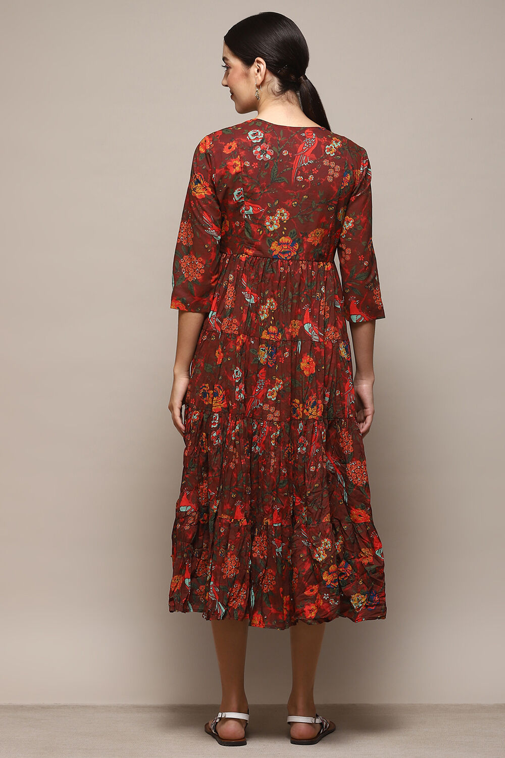 Green & Maroon Cotton Flared Printed Dress image number 3