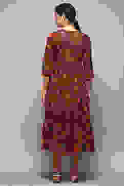 Green & Maroon Cotton Flared Printed Dress image number 3