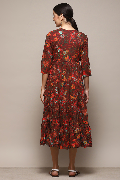 Green & Maroon Cotton Flared Printed Dress image number 3