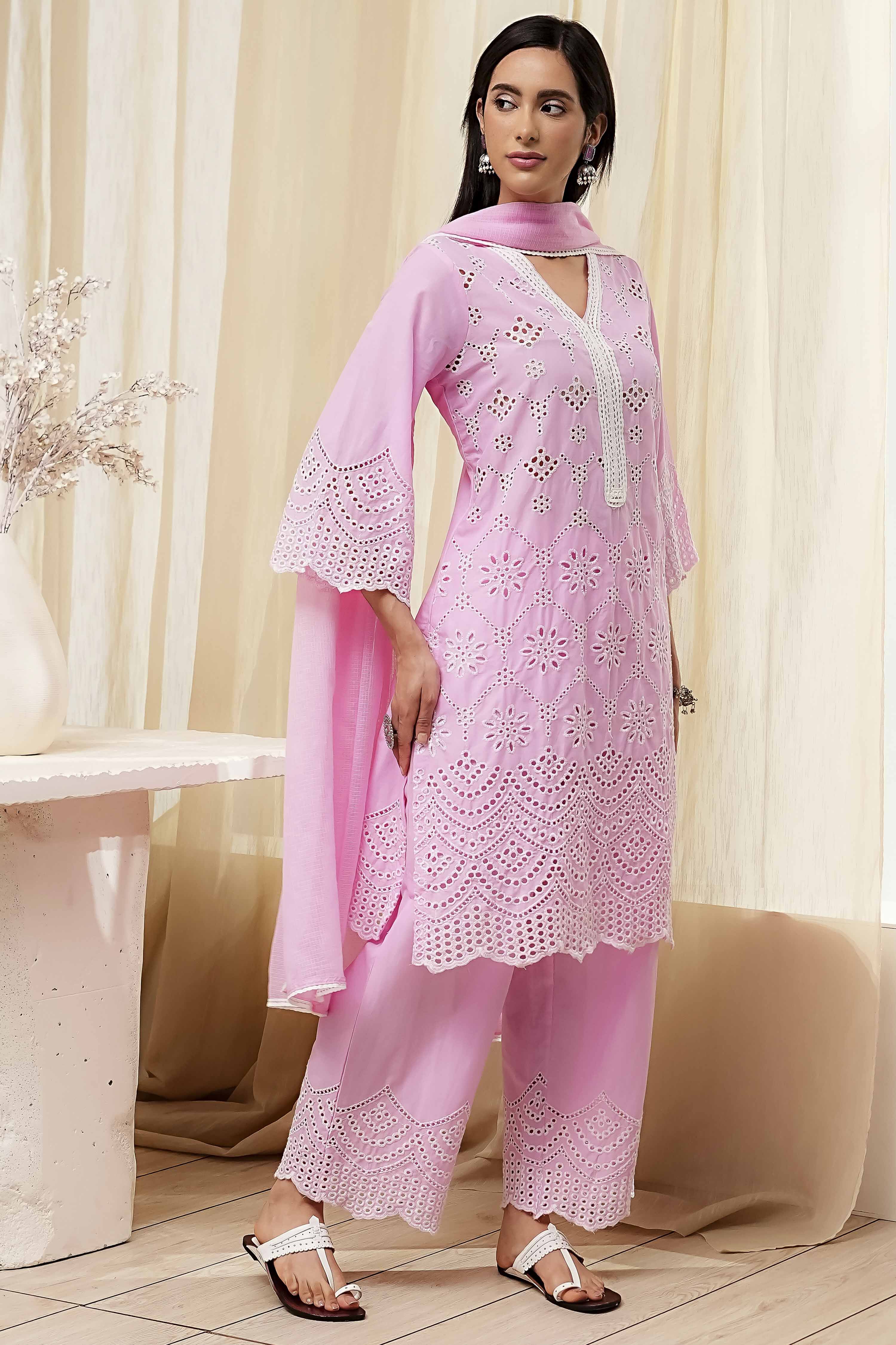Pink Cotton Schiffli Straight Suit Set image number 5
