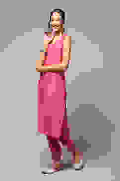 Bright Pink Cotton Blend Layered Kurta Salwar Suit Set image number 2