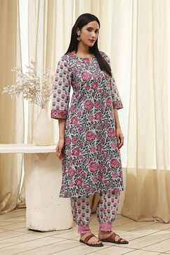 Blue and Pink Cotton Printed Straight Kurta Set image number 5
