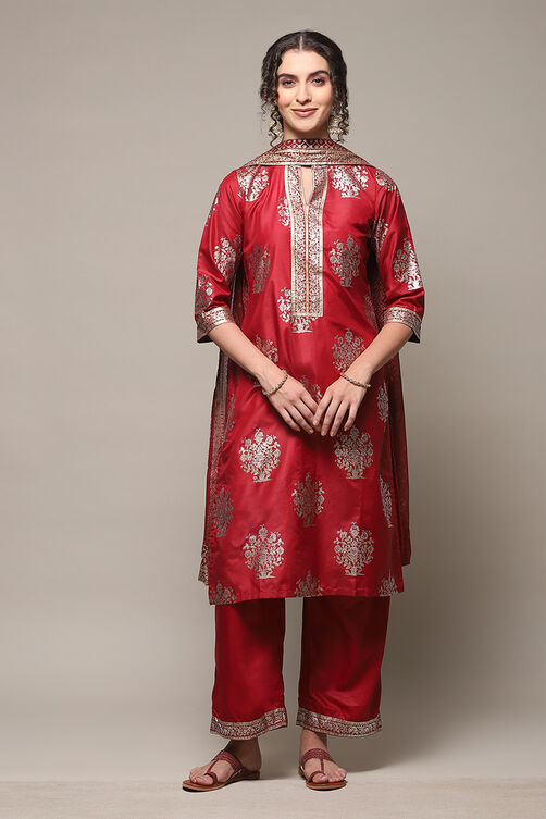 Sap Green Art Silk Straight Kurta Palazzo Suit Set image number 7