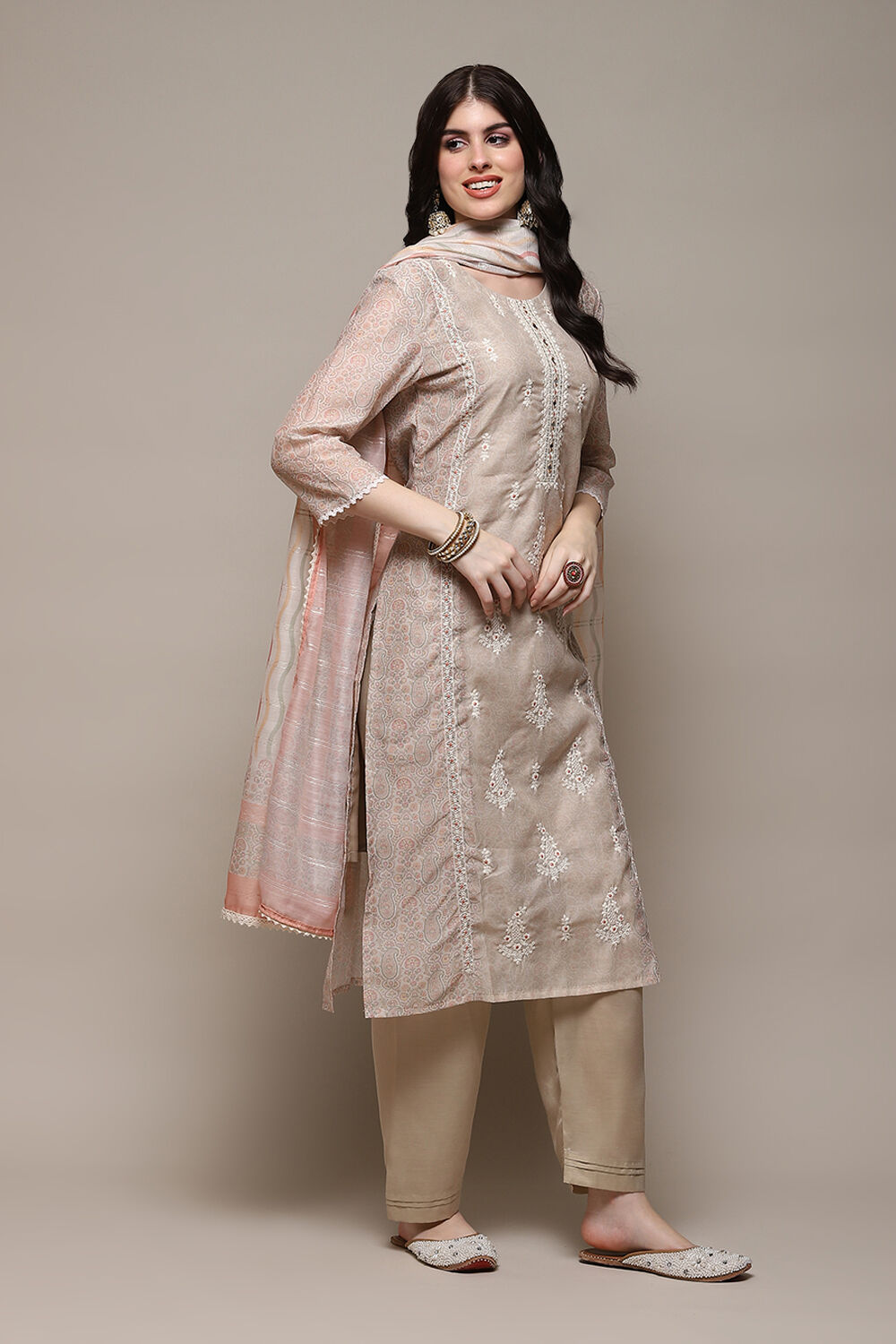 Beige Chanderi Blend Machine Embroidered Unstitched Suit Set image number 7