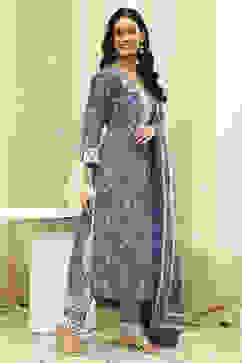 Blue and White Cotton Screen Print Unstitched Suit Set image number 5