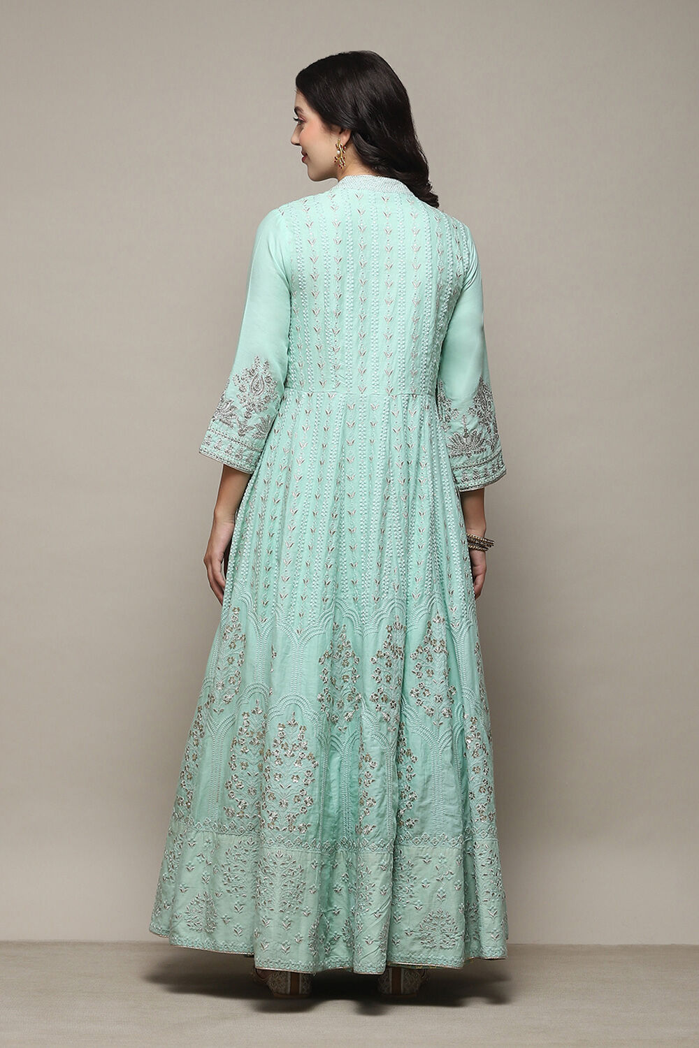 Aqua Blue Cotton Anarkali Kurta Lehenga Set image number 5