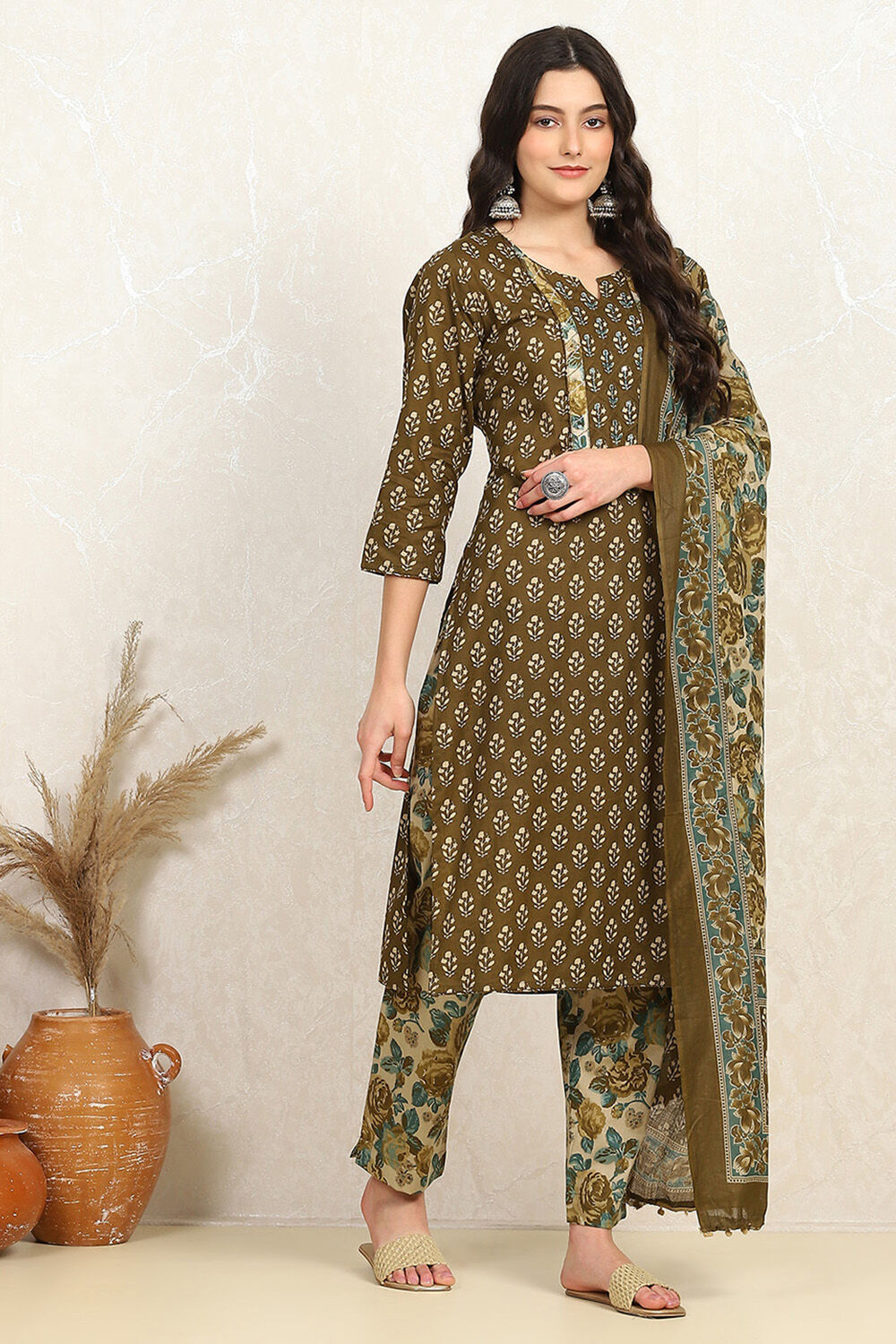Green Cotton Printed Unstitched Suit Set image number 6