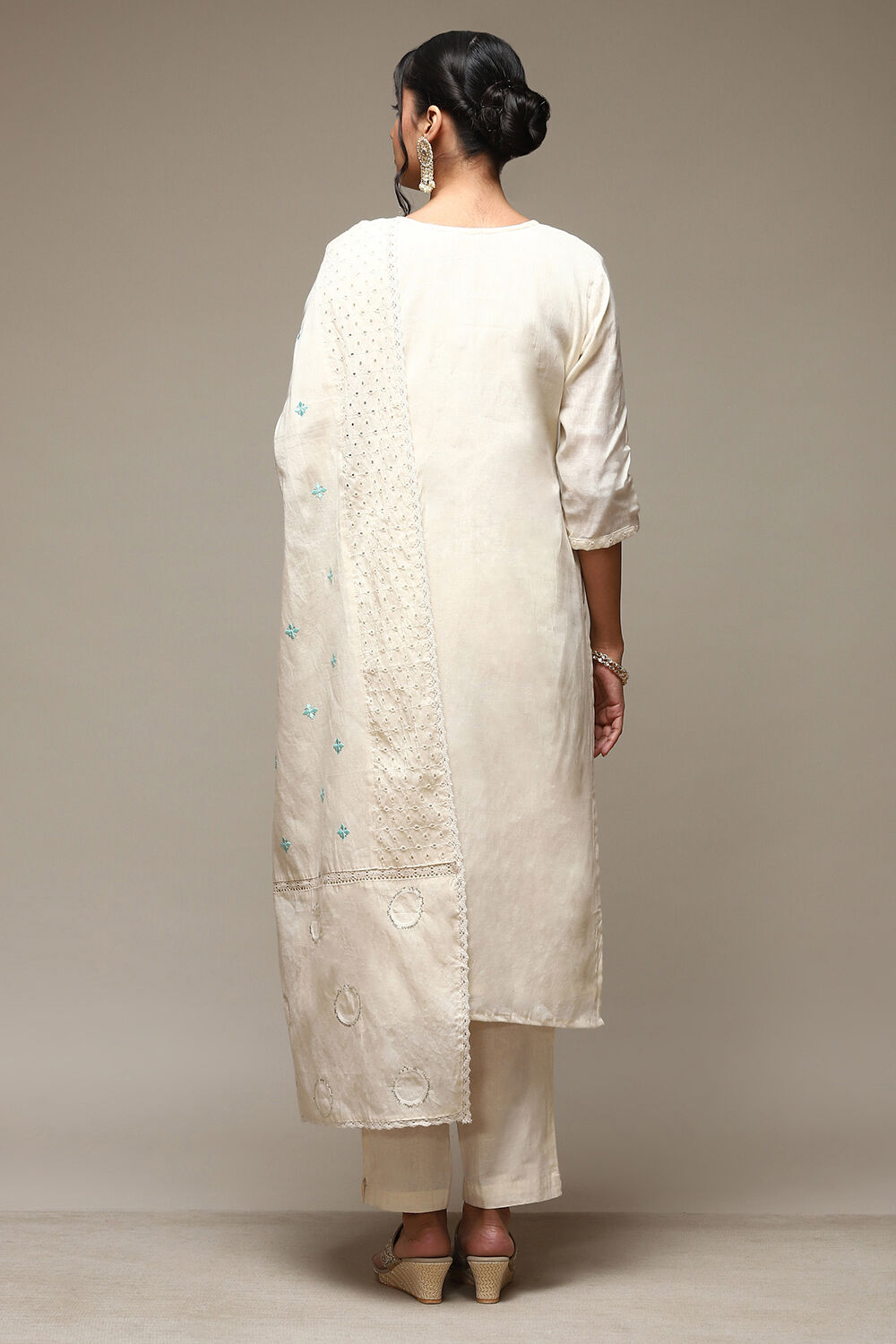 Off White Cotton Schiffly Unstitched Suit Set image number 6