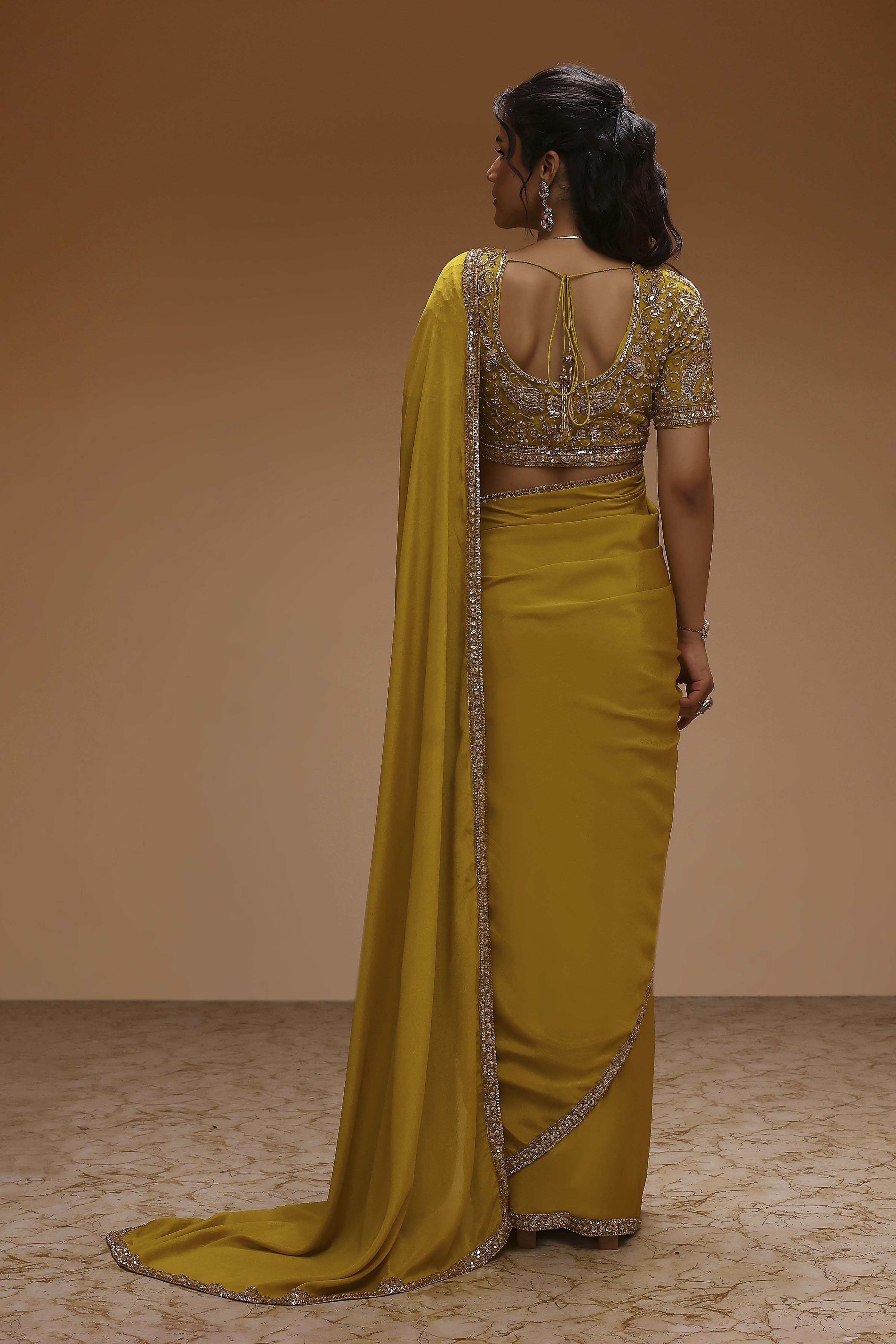 Lime Yellow Poly Chinnon Embroidered Pre-Draped Saree image number 3