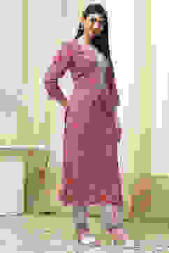 Pink Cotton Screen Print Unstitched Suit Set image number 6